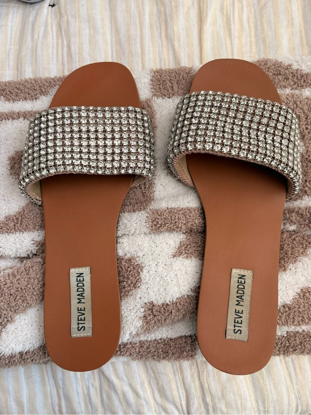 Steve Madden Tan Slide Sandals with Crystal Embellished Strap